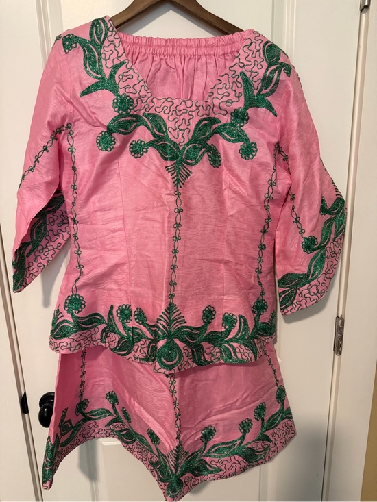 Dresses & Skirts - Pink and Green Embroidered Two-Piece Top/Skirt Set. Authentic African Attire